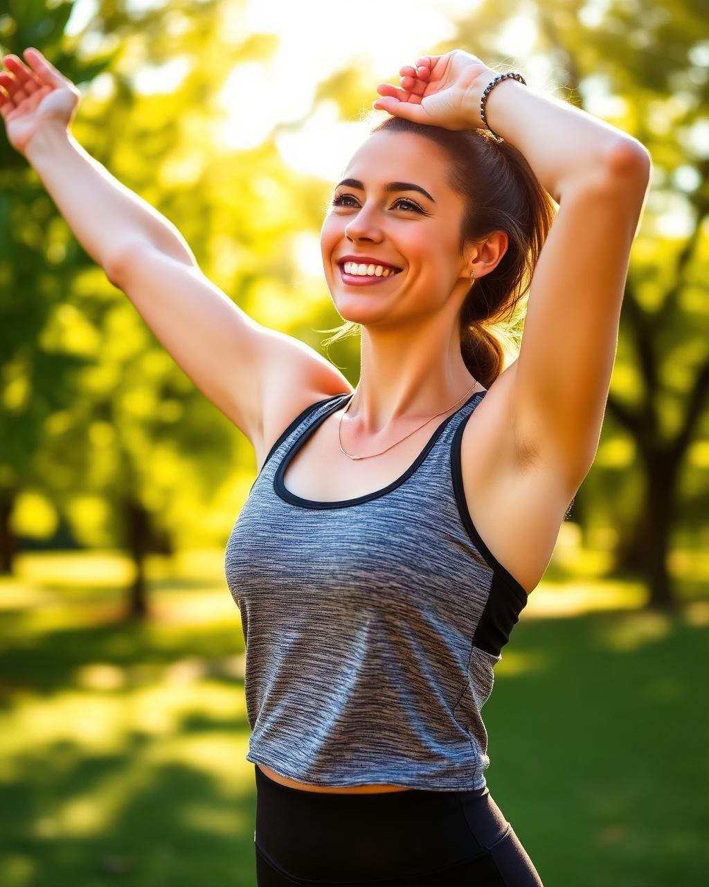 Mujer estirándose al aire libre con expresión de bienestar